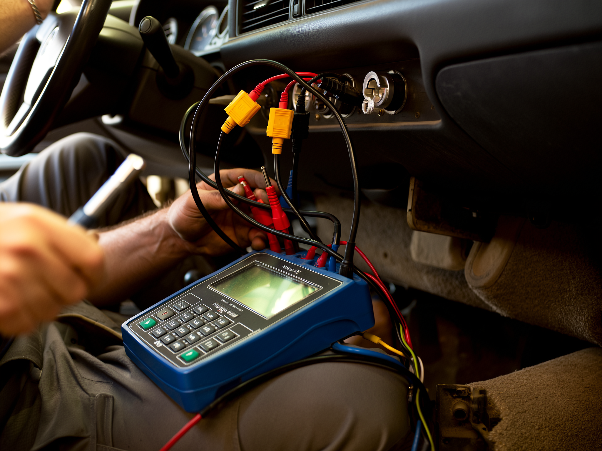 Diagnoseapparatuur aangesloten op het dashboard van een auto
