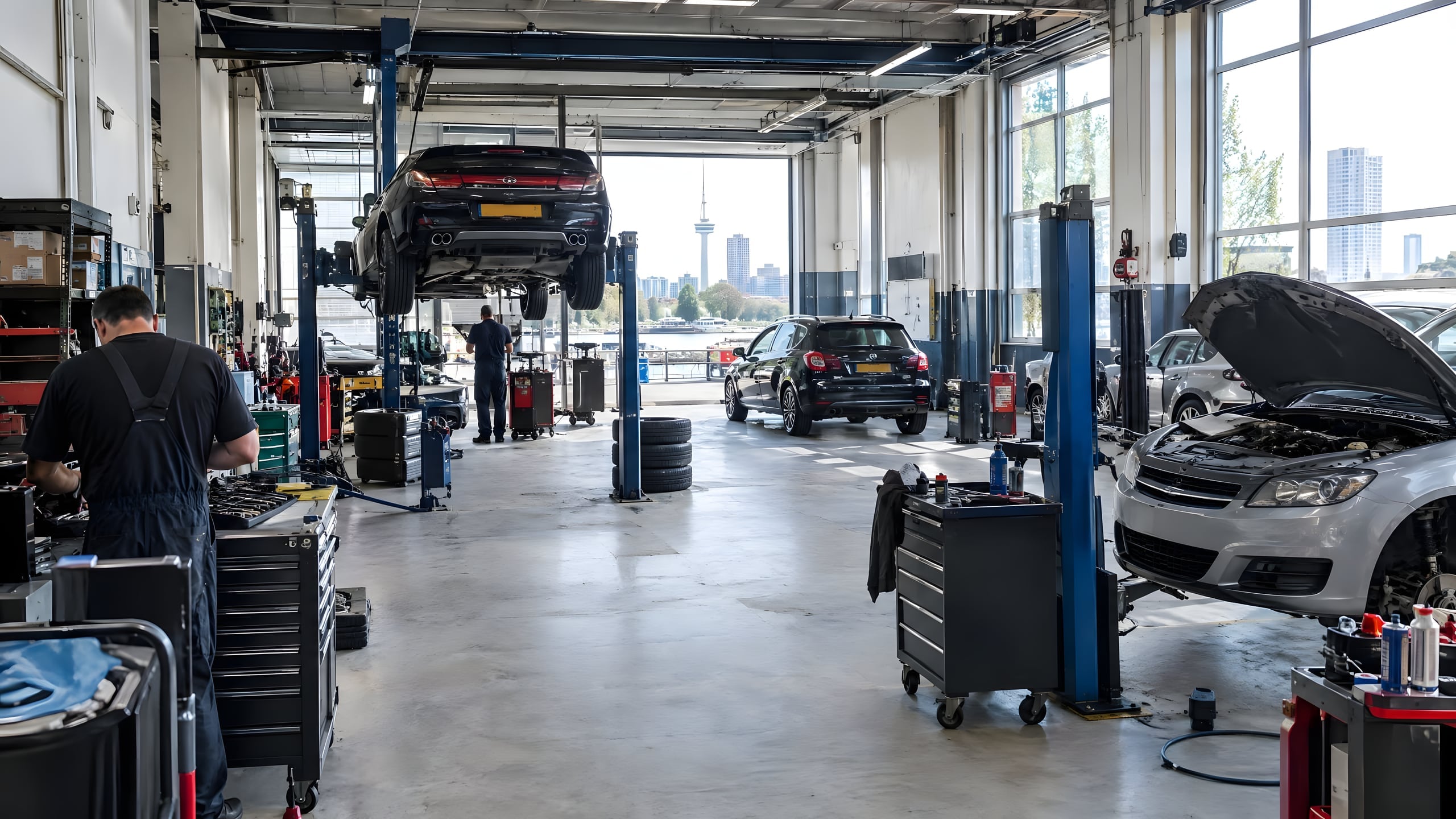 Autowerkplaats met auto's op hefbruggen en een open roldeur met zicht op de skyline van Rotterdam